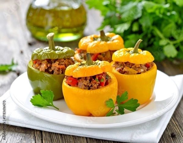 Fototapeta Colorful bell peppers stuffed with a savory filling, arranged on a white plate