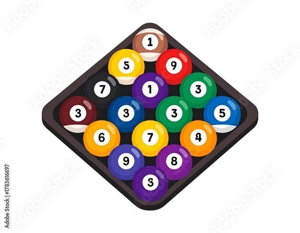 Obraz Colorful billiard balls arranged in a triangle on a dark, diamond-shaped rack