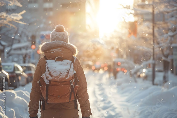 Obraz 夕暮れの雪道を歩く日本人の後ろ姿　冬の旅と日常の情景