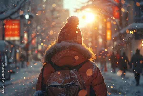 Obraz 夕暮れの雪道を歩く日本人の後ろ姿　冬の旅と日常の情景