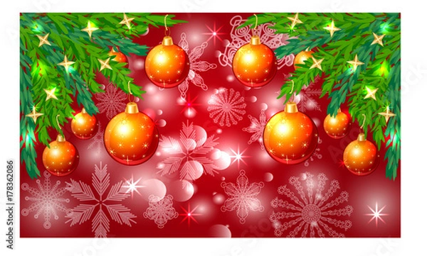 Fototapeta Rectangle red Christmas background with snowflakes, coniferous branches, decorated with red balls, stars