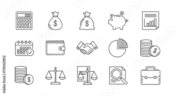 Obraz A comprehensive set of line icons representing accounting, auditing, and taxes, featuring a calculator, money bags, piggy bank, financial report, calendar, wallet, handshake, pie chart, stacked