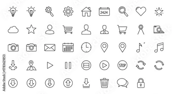 Obraz A comprehensive collection of thin line vector mini icons, presented in a clean, simple outline style on a white background, featuring a 24x24px grid and editable strokes for pixel-perfect design