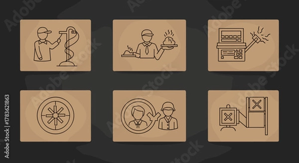 Obraz Set of linear icons representing teamwork, business, and human resources, including concepts like collaboration, service, technology, selection, and inspection, suitable for modern digital platforms