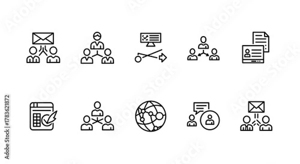 Obraz Networking icon set, including network connections, relationships, online networking, community, events, and social network icons. This solid icon collection represents various aspects of