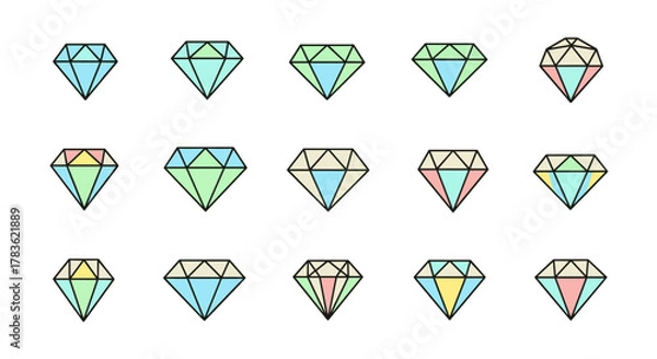 Obraz Collection of modern minimalist diamond icons in various pastel color combinations, presented in an ordered set on a clean white background. This vector cartoon illustration features a graphic