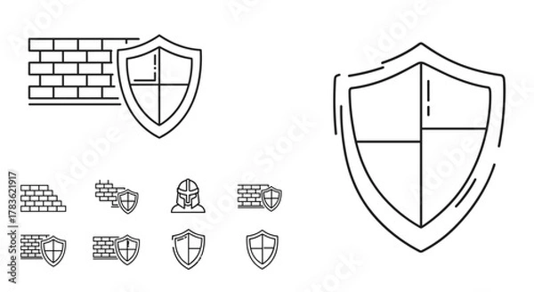 Obraz Set of minimalistic linear icons and symbols representing security, protection, and defense, featuring brick walls and shields. Ideal for web design, app interfaces, banners, social media graphics