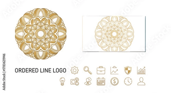 Obraz Elegant golden mandala logo design with a business card mockup, complemented by a set of clean, modern line icons representing business concepts like gears, search, briefcase, charts, shield