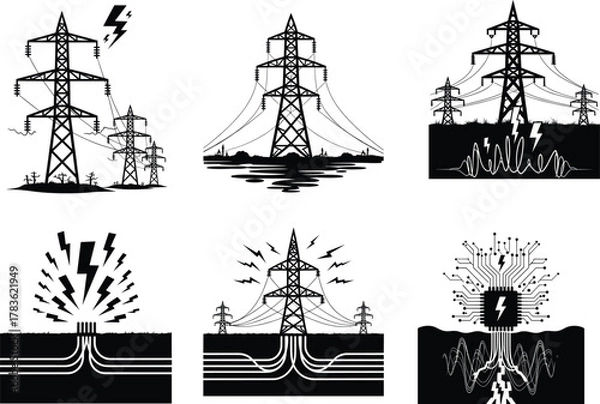 Fototapeta Electricity transmission towers with underground cables, lightning bolts, smart grid integration, and energy flow concept in black and white vector illustration