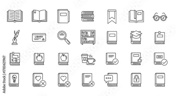 Fototapeta Collection of 30 editable stroke line icons related to books and reading, including open books, closed books, stacks of books, bookmarks, library cards, magnifying glasses, bookshelves, graduation