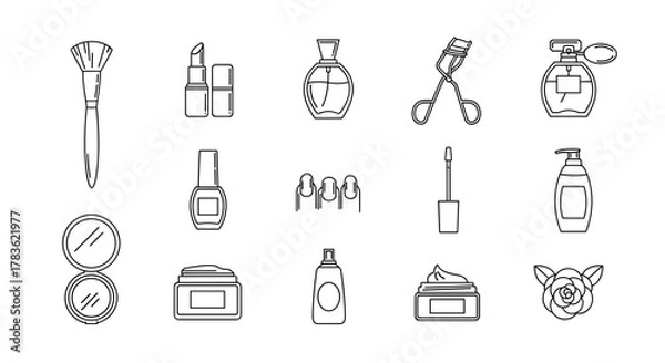 Obraz A collection of clean, minimalist line art icons representing various beauty and cosmetic products, perfect for graphic design, web development, app interfaces, and advertising materials. This vector