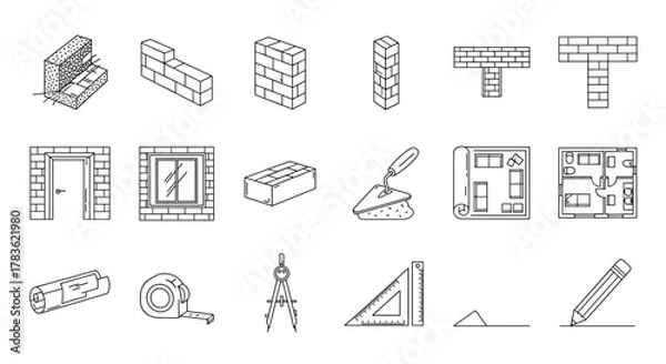 Obraz Comprehensive set of thin line icons representing brick walls, floor plans, building elements, and construction tools, perfect for graphic design, web development, app interfaces, advertisements, and