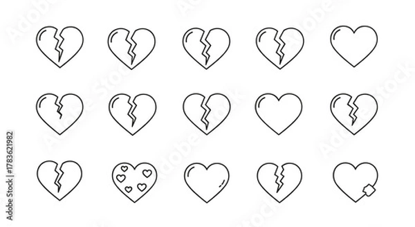 Obraz Collection of minimalistic line icons representing broken hearts, symbolizing heartbreak, sadness, and emotional pain. Includes various styles of cracked hearts, some with bandages, perfect for web