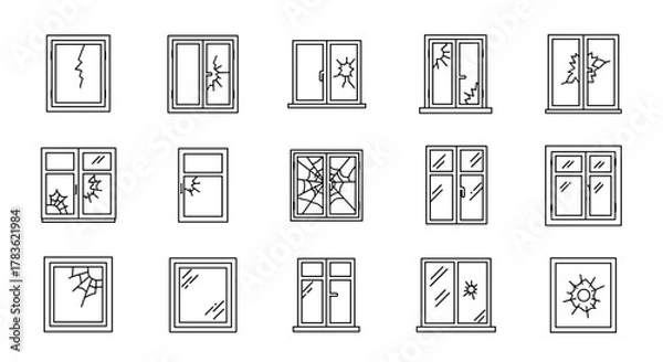 Obraz Collection of minimalistic thin line icons representing various types of broken windows, including cracked, shattered, and bullet-holed glass, suitable for web, graphic design, apps, banners, social