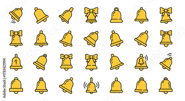 Obraz Collection of yellow bell icons, featuring minimalistic linear pictograms with filled color. Ideal for web and graphic design, apps, banners, social networks, and cards, offering a versatile and