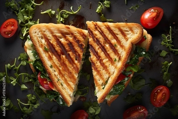 Obraz Overhead Shot of Grilled Sandwich with Tomatoes and Kale