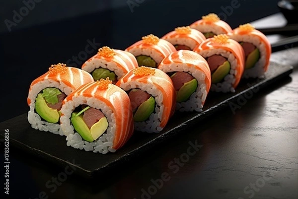 Obraz Minimalist Sushi Arrangement on Dark Slate Plate