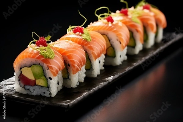 Obraz Minimalist Sushi Arrangement on Dark Slate Plate