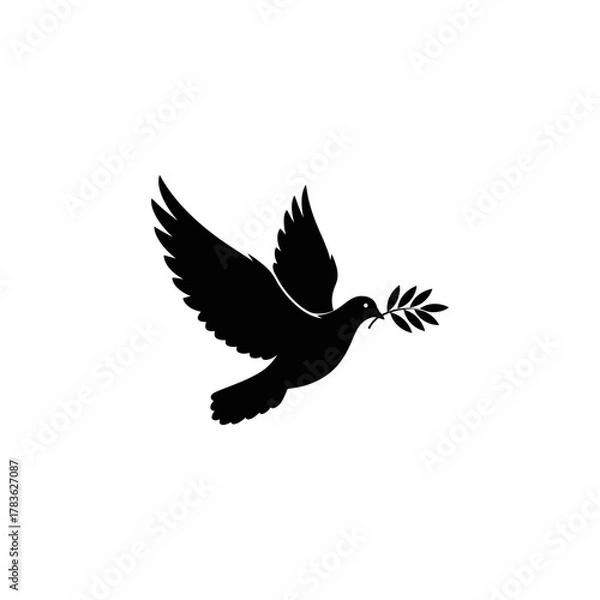 Obraz Black dove symbolizing peace with olive branch. Suitable for designs promoting harmony, unity, hope, reconciliation, peace activism, or dove symbolism.