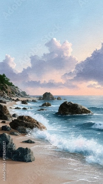 Obraz Rocky Beach Shoreline with Crashing Waves at Sunset