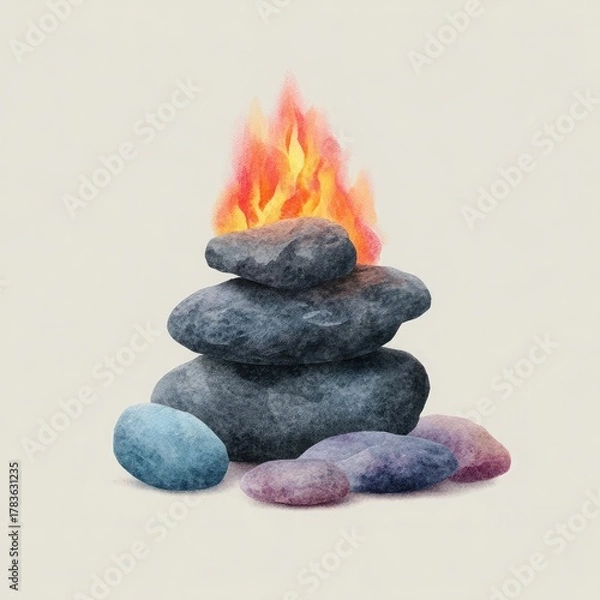 Obraz Stacked stones with watercolor flame cairn balanced stones