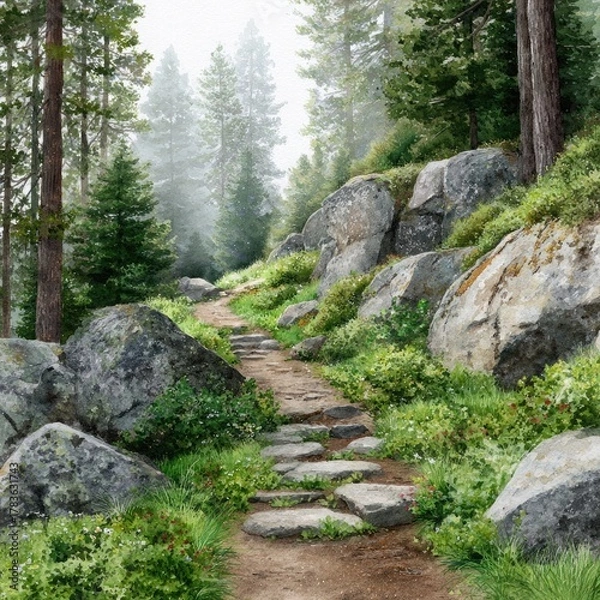 Obraz Stone path winding through a misty forest with large rocks