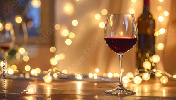 Fototapeta Glass of red wine sits elegantly on wooden table, surrounded by warm, glowing string lights creating cozy and inviting atmosphere