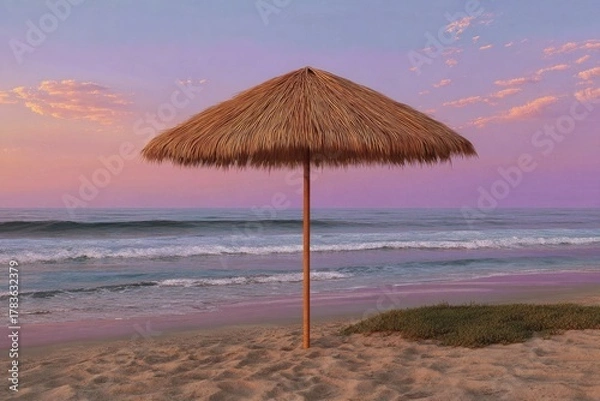Obraz Thatched Beach Umbrella at Sunset Over Ocean Waves