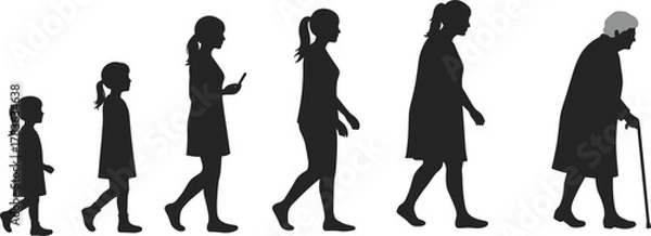Fototapeta Silhouette illustration showing five stages of woman’s life from childhood to old age, aging concept, female development timeline vector