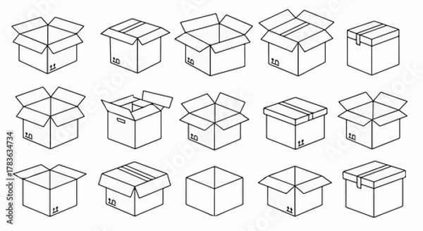 Fototapeta Open and Closed Cardboard Box Icons – Vector Packaging and Shipping Line Art Set