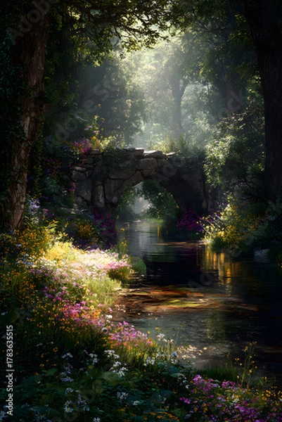 Obraz Tranquil Stone Bridge Amidt Verdant Wilderness: A Hiden Natural Sanctuary