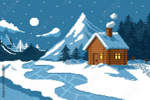 Obraz Wooden house with light of window at night in winter with mountain and pine.