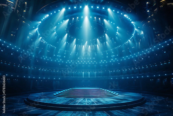 Obraz 青い光に包まれた近未来ホール　静寂と叡智を感じるモダン建築空間