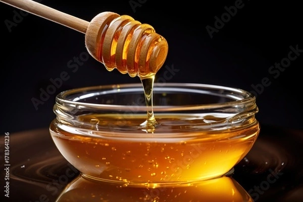 Obraz Golden Honey Drizzle on Wooden Dipper in Glass Jar