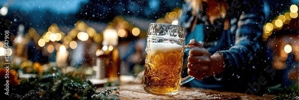 Fototapeta Golden beer poured into a mug against the backdrop of falling snow. The atmosphere of a cozy winter pub or Christmas celebration