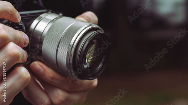 Fototapeta Camera lens close up with reflection digital background. Photographer camera hobby electronic devise. camera shutter. camera copy space luxury background for advertisement and design