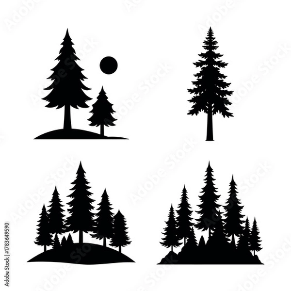 Fototapeta Stylized pine tree silhouettes collection for forest graphic design