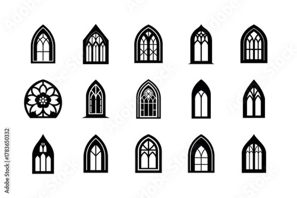 Fototapeta Gothic arch window silhouettes, vector collection architectural