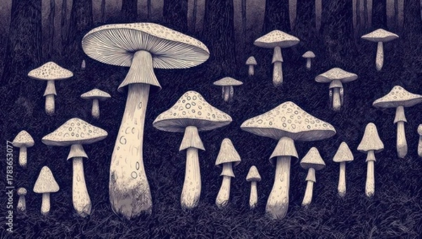 Fototapeta Mysterious Forest Floor with Various Wild Mushrooms in a Dark, Ethereal Setting.