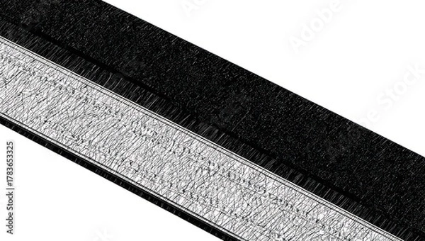 Fototapeta Monochrome close up of a black hook and loop fastener strip on a white background.