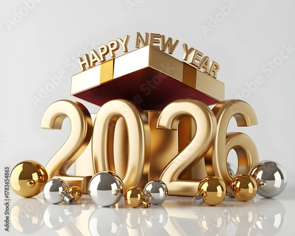 Obraz Luxury gold 2026 with silver and gold Christmas balls and open gift box, “Happy New Year” bright white surface