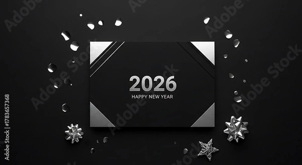 Fototapeta Elegant 2026 New Year invitation design on black background with gift bows and decor