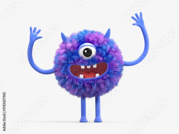 Obraz Fluffy, cute monster with raised arms, symbolizing excitement or victory. 3D rendering, conceptual image. Isolated on white background.