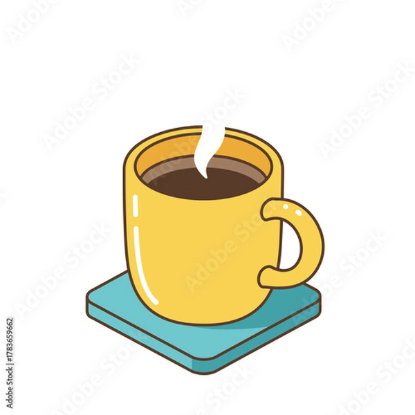 Obraz Steaming Yellow Coffee Mug on a Blue Coaster, Isometric Cartoon Vector Illustration of Hot Beverage
