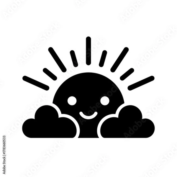 Obraz Cute smiling sun rising over clouds glyph icon for weather and happy forecast