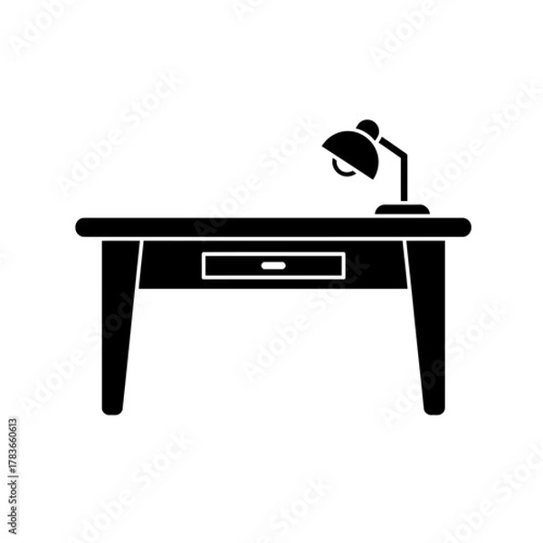 Obraz Desk with lamp and drawer black silhouette icon
