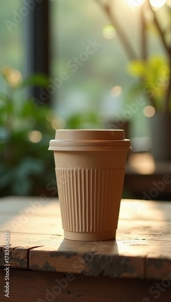 Fototapeta Biodegradable Paper Coffee Cup on Recycled Wood Counter Modern Eco Café Branding Mock Up