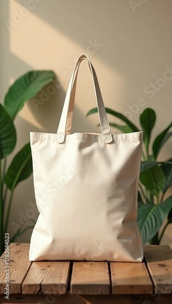 Fototapeta Eco Friendly Tote Bag Mock-Up on Wooden Table with Greenery and Natural Sunlight Minimal Sustainable Style