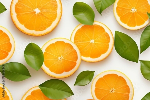 Obraz Flatlay of Orange Slices and Leaves on White Background