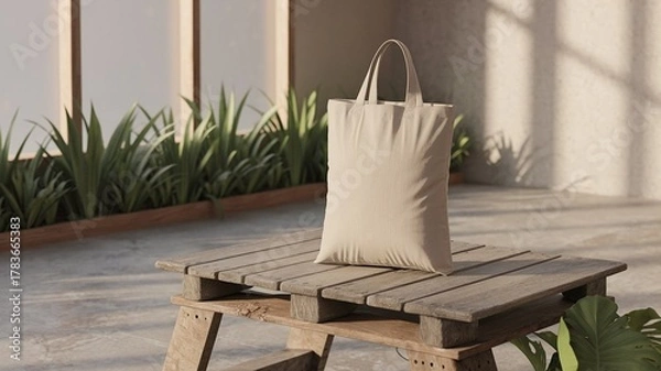Fototapeta Eco Friendly Tote Bag Mock-Up on Wooden Table with Greenery and Natural Sunlight Minimal Sustainable Style